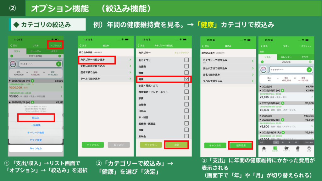 カテゴリー絞込みの操作手順（健康カテゴリでの絞込み例）