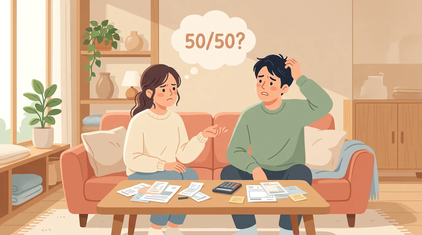 生活費50/50の折半に悩む夫婦のイラスト