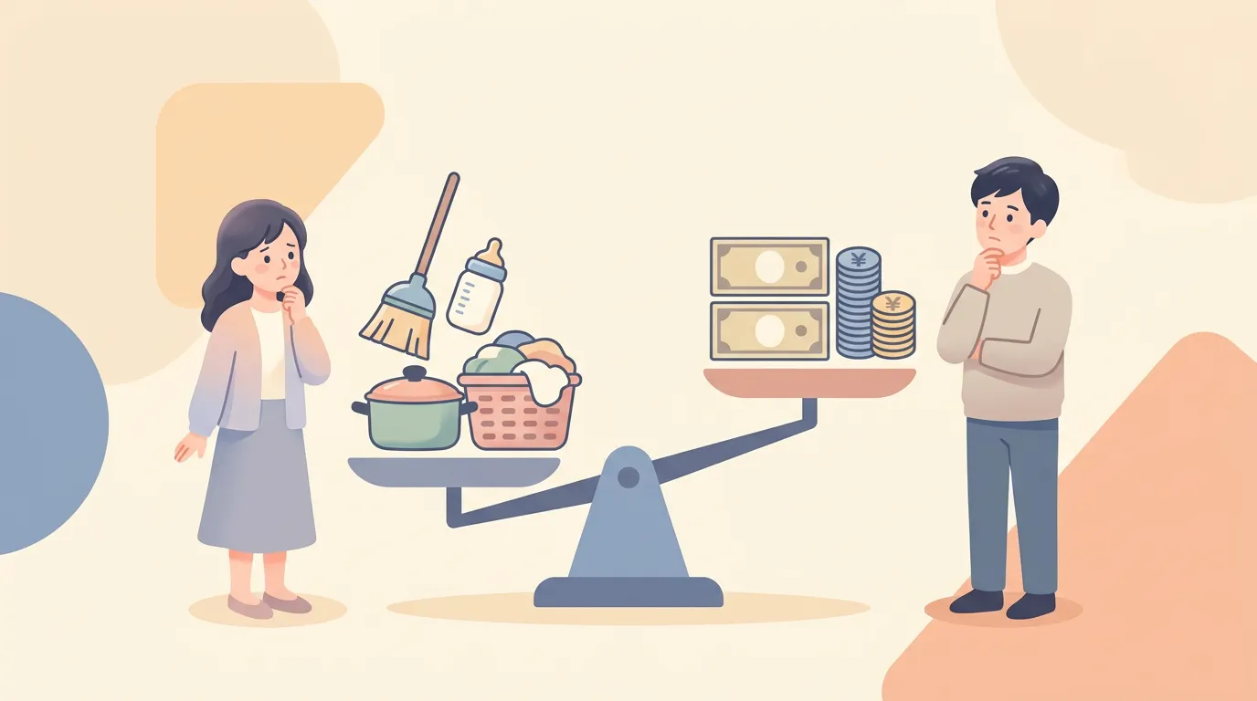 家事とお金の負担を天秤で比較するイラスト