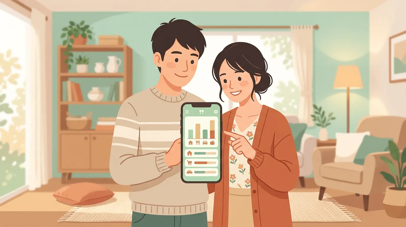 家計簿アプリを一緒に見る夫婦のイラスト