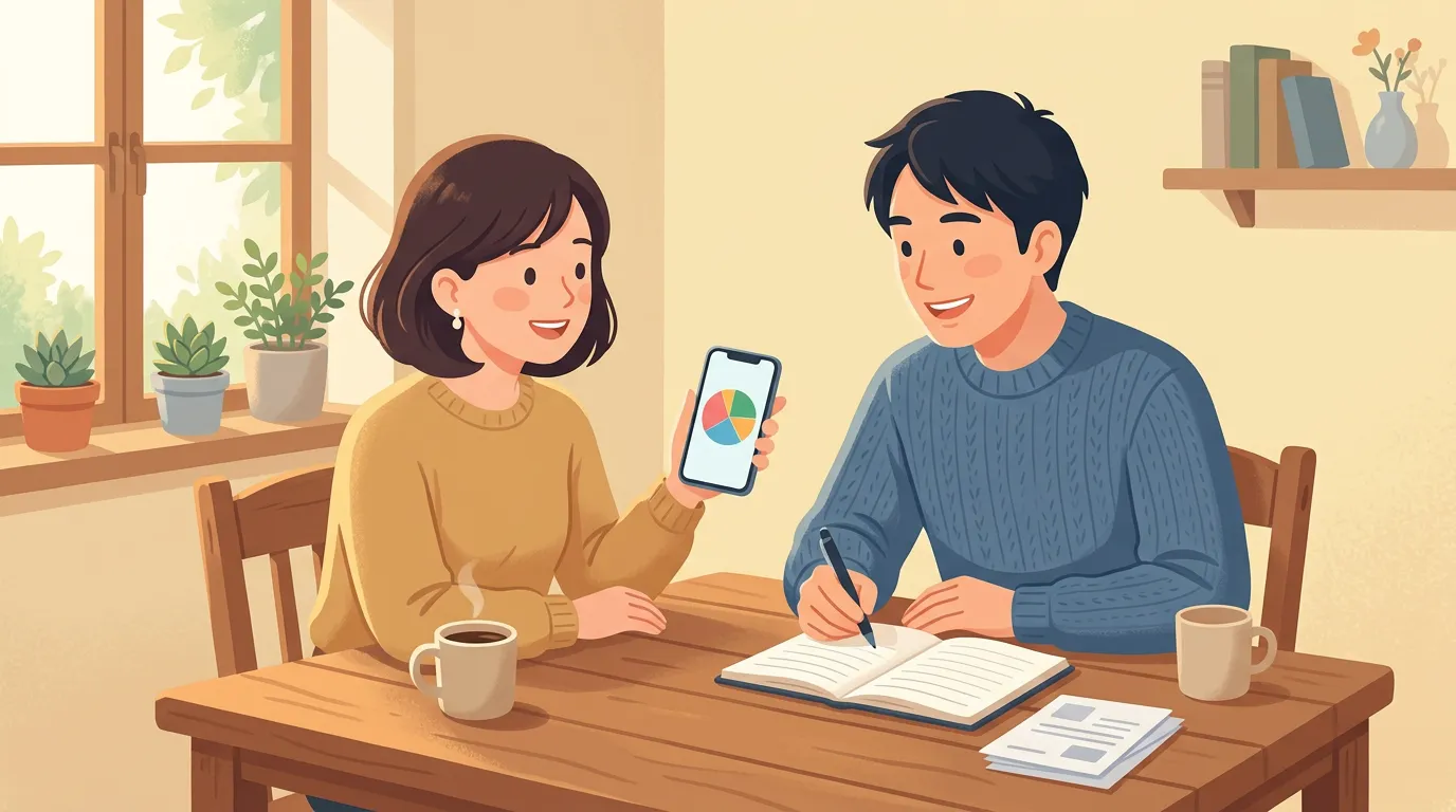 家計について話し合う夫婦のイラスト