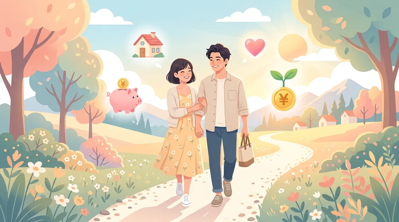 家計管理がうまくいき明るい未来に向かう夫婦のイラスト