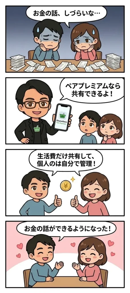 ペアプレミアムの使い方を説明する4コマ漫画。お金の話がしづらいカップルが、おカネレコのペア共有機能で生活費だけ共有し、自然とお金の話ができるようになるストーリー