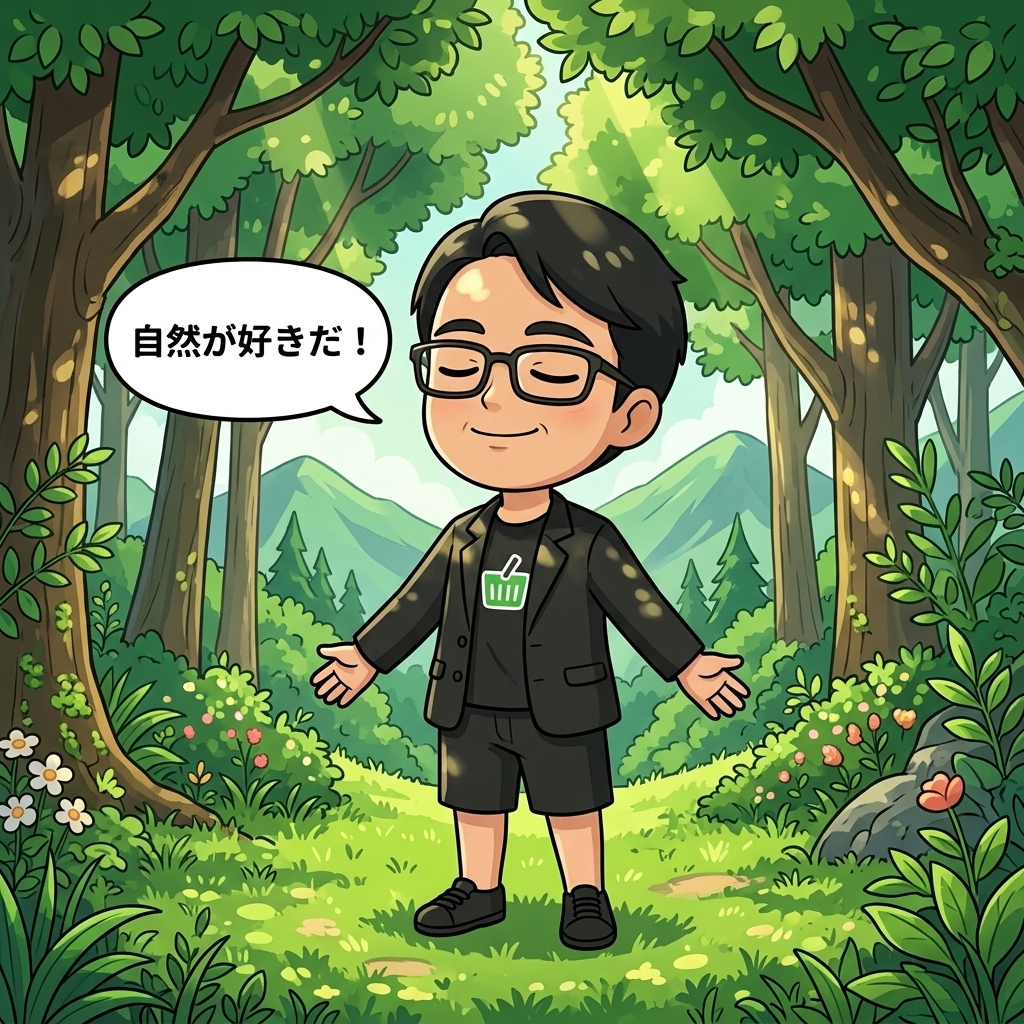 森の中で深呼吸をするえじりのイラスト