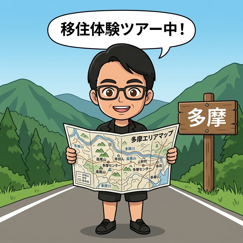 多摩エリアの地図を手に移住体験ツアーに参加するえじりのイラスト