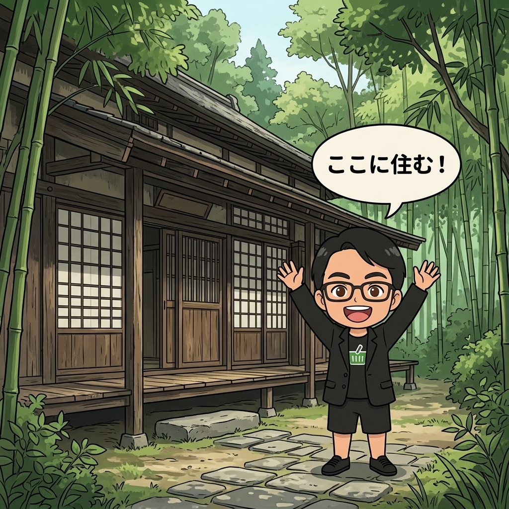 あきる野市の古民家の前で両手を上げて喜ぶえじりのイラスト