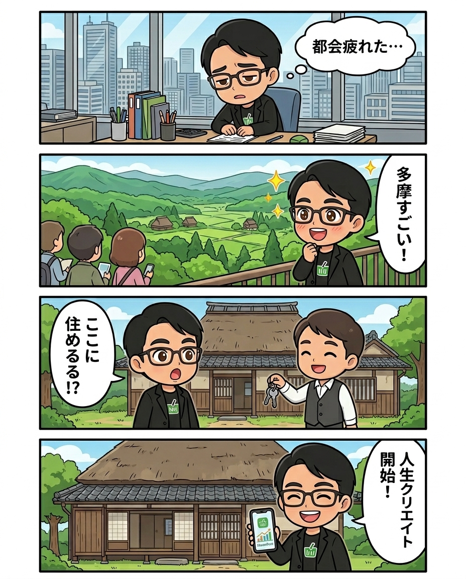 都会疲れから多摩のツアーに参加し、あきる野市の古民家に出会い人生クリエイトが始まるえじりの4コマ漫画