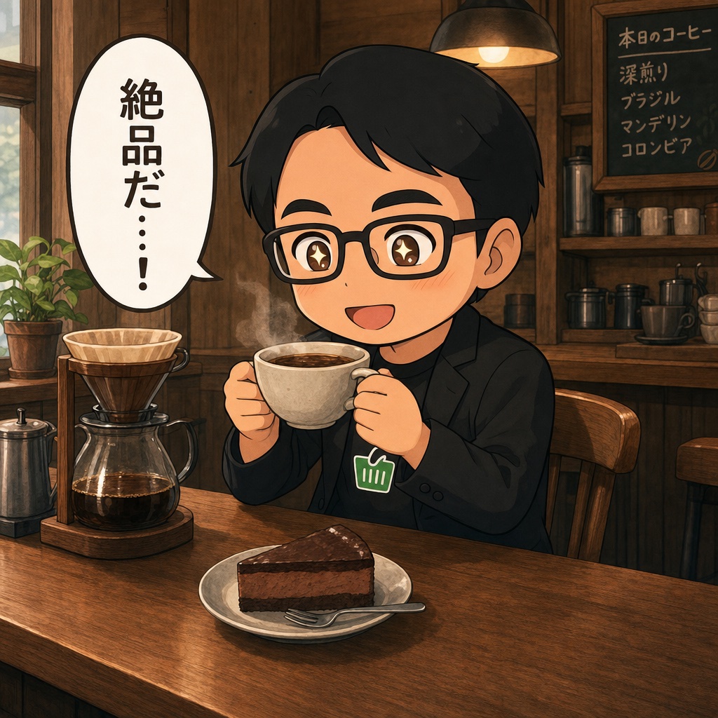 里のコーヒーショップでエルサルバドルのコーヒーとチョコレートチーズケーキを味わうえじりのちびキャラ