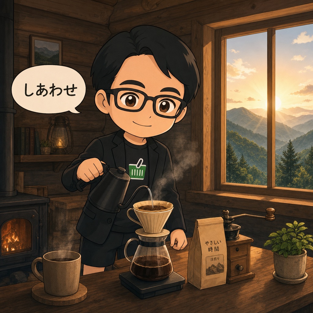 秘境の山の家で朝、ドリップでコーヒーを淹れて幸せそうなえじりのちびキャラ