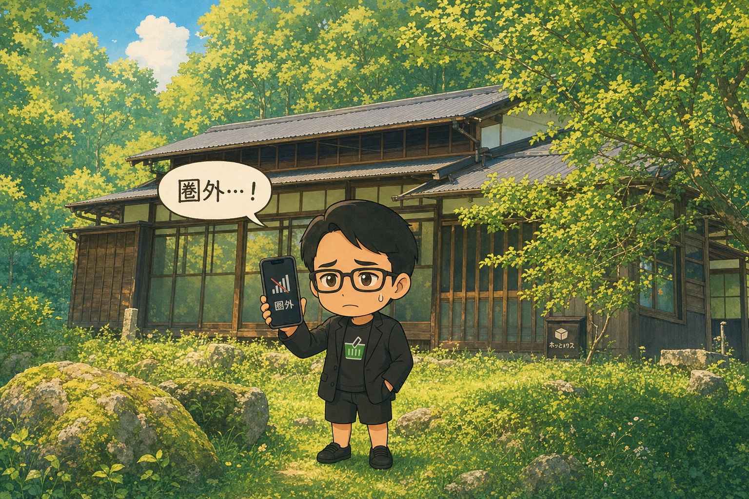 山の家（古民家）の前で、スマートフォンが圏外になり「圏外…！」と困っているえじりのちびキャラ