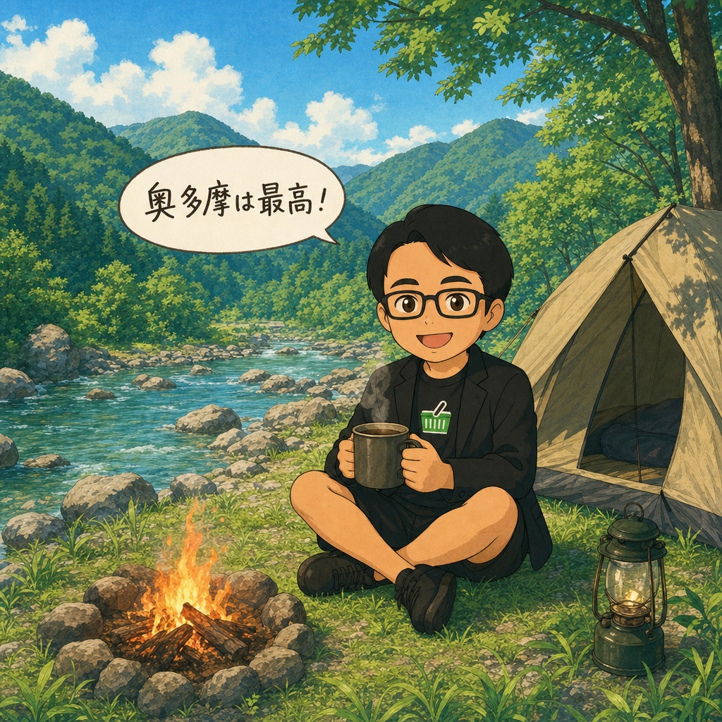 奥多摩の清流のそばでテントを張りコーヒーを飲むえじりのイラスト