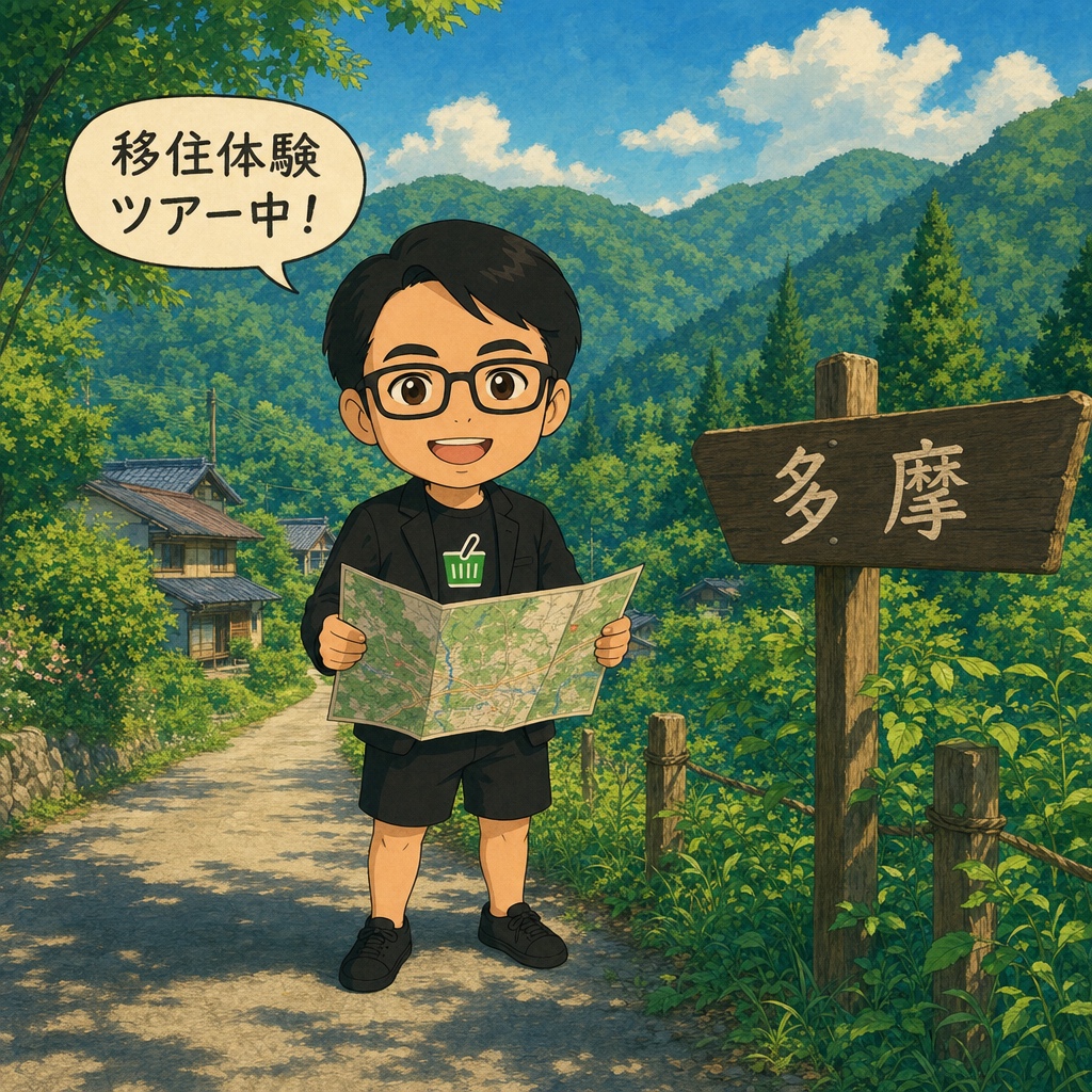 多摩エリアの地図を手に移住体験ツアーに参加するえじりのイラスト