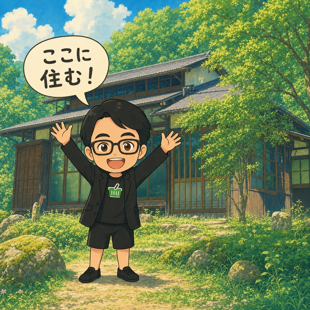 あきる野市の古民家の前で両手を上げて喜ぶえじりのイラスト