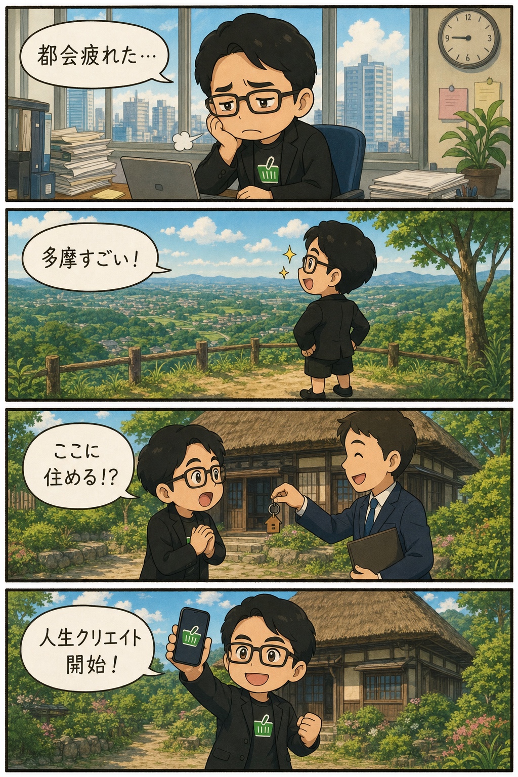 都会疲れから多摩のツアーに参加し、あきる野市の古民家に出会い人生クリエイトが始まるえじりの4コマ漫画