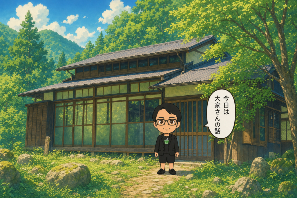 ジブリ風に描かれた山の中の古民家の前に立ち「今日は大家さんの話」と語るえじりのちびキャラ