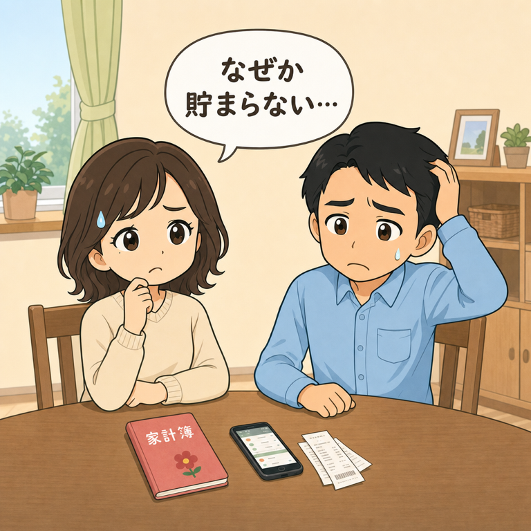 食卓で家計簿とスマホを前に「なぜか貯まらない」と悩む共働き夫婦のイラスト
