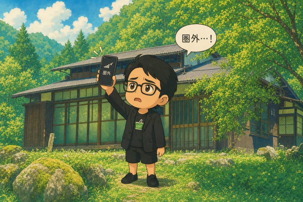 ジブリ風に描かれた山の中の古民家の前で、スマホを掲げて「圏外」と困った表情を浮かべるえじりのちびキャラ
