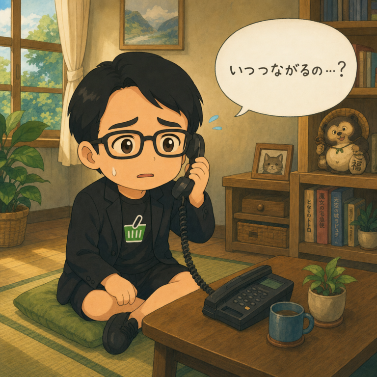 自宅で電話の受話器を持ち、インターネットがいつつながるか不安そうに問い合わせるえじりのちびキャラ