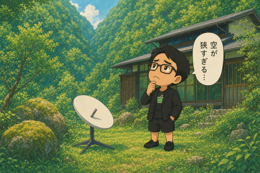 森に囲まれた山の家の庭で、空が狭くStarlinkの衛星アンテナがうまく使えず困るえじりのちびキャラ