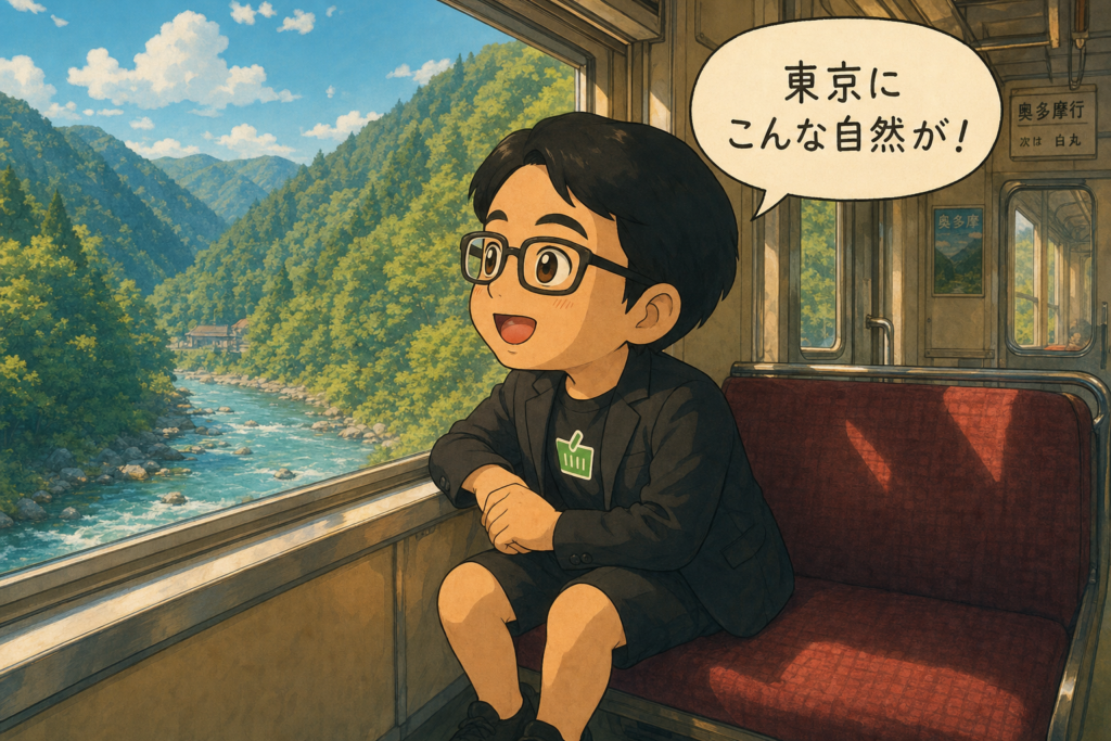 地方路線の電車の窓から奥多摩・秋川渓谷の緑の山と川を眺め、目を輝かせるえじりのちびキャラ