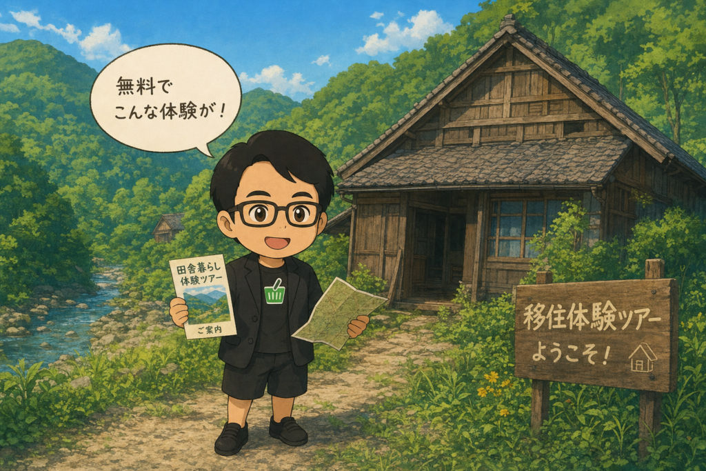 緑の渓谷にある古民家（空き家）の前で、移住体験ツアーのパンフレットと地図を手に楽しそうにするえじりのちびキャラ