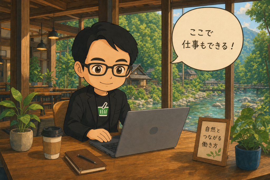 檜原村の川沿いにある木のコワーキングスペースで、ノートパソコンを開いて働くえじりのちびキャラ