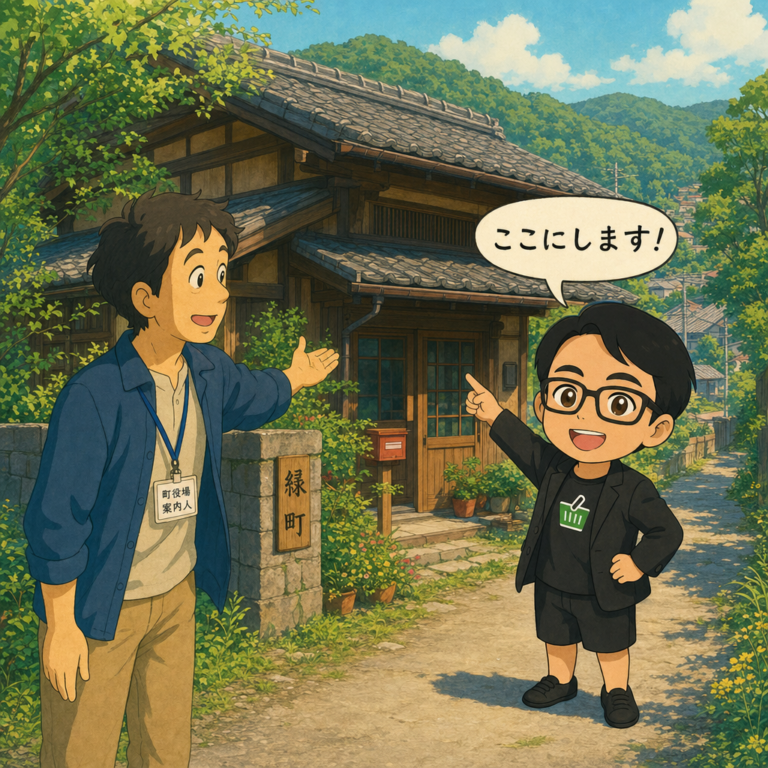 あきる野市で相談員に古民家を案内され「ここにします」と笑顔で指さすえじりのちびキャラ