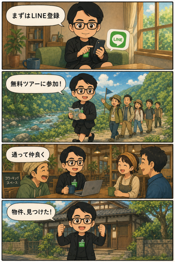 LINE登録、無料ツアー参加、通って地元と仲良くなる、物件発見までの移住4ステップを描いた4コマ漫画