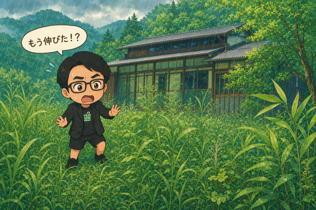 山の家の広い庭で、ひざ丈まで伸びた草に驚くえじりのイラスト