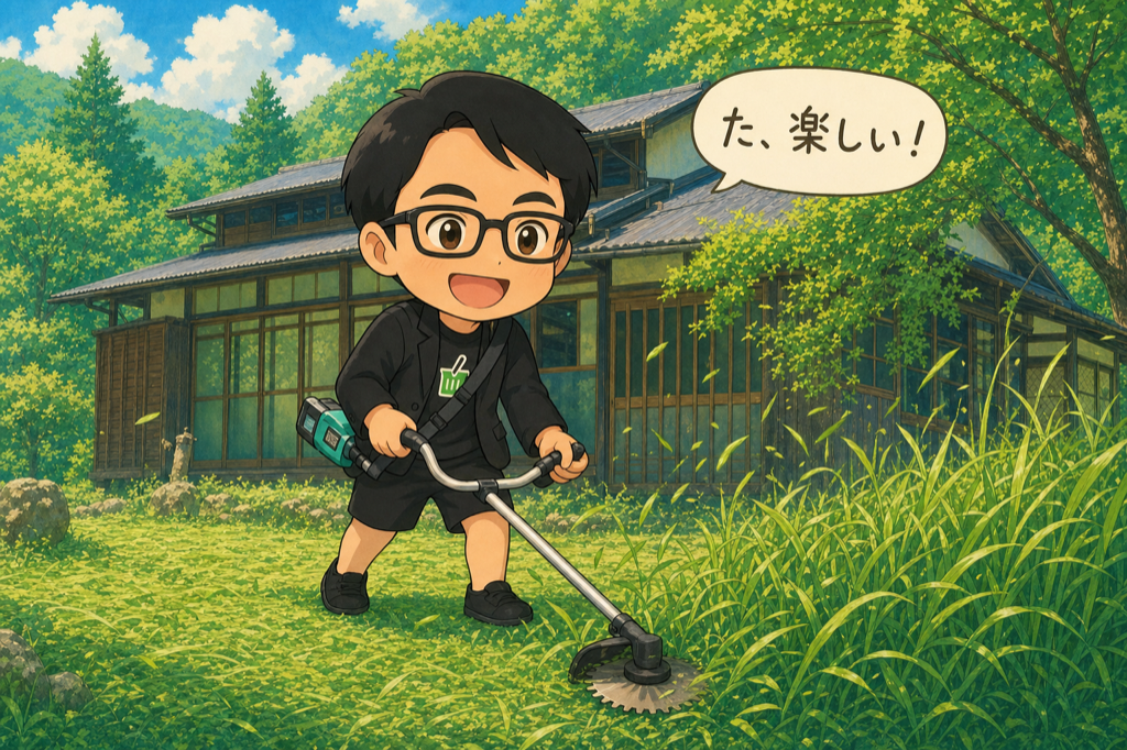 バッテリー式草刈り機で楽しそうに庭の草を刈るえじりのイラスト
