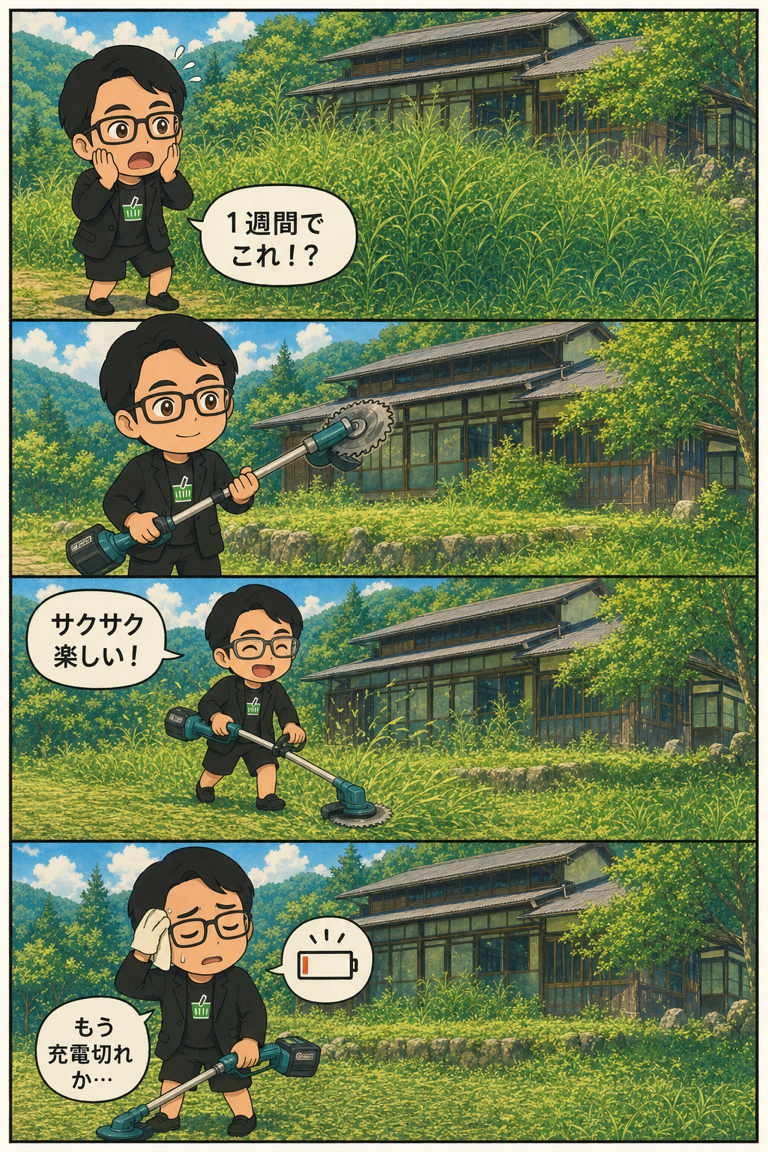 草がぼうぼうに伸びた庭に驚き、イカつい草刈り機を手に入れ、サクサク刈るのが楽しくなり、充電切れを残念がるまでを描いた4コマ漫画