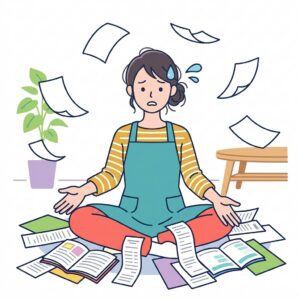 大量のレシートと家計簿に埋もれ、すべての支出を記録しようとして困り顔になっている主婦のイラスト