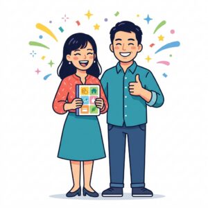 家計簿をきちんとつけられて笑顔で喜んでいる夫婦のイラスト