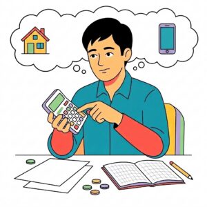 電卓を手に、住宅ローンや通信費などの固定費をどう見直そうか考えている男性のイラスト