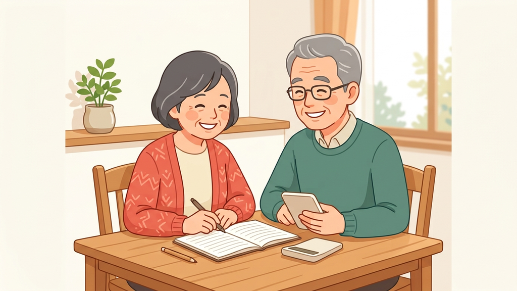 自宅のテーブルで家計の計画を立てる笑顔のシニア夫婦