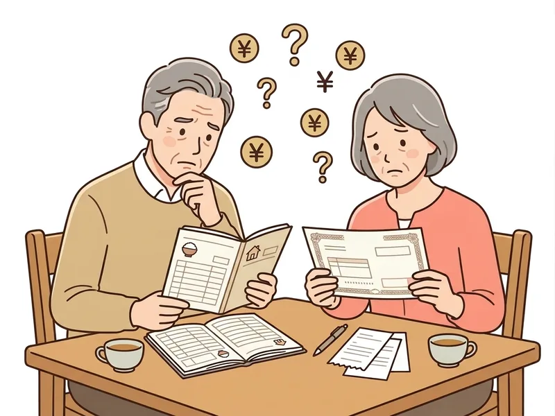 年金の通知と家計簿を見比べて考え込む60代の夫婦